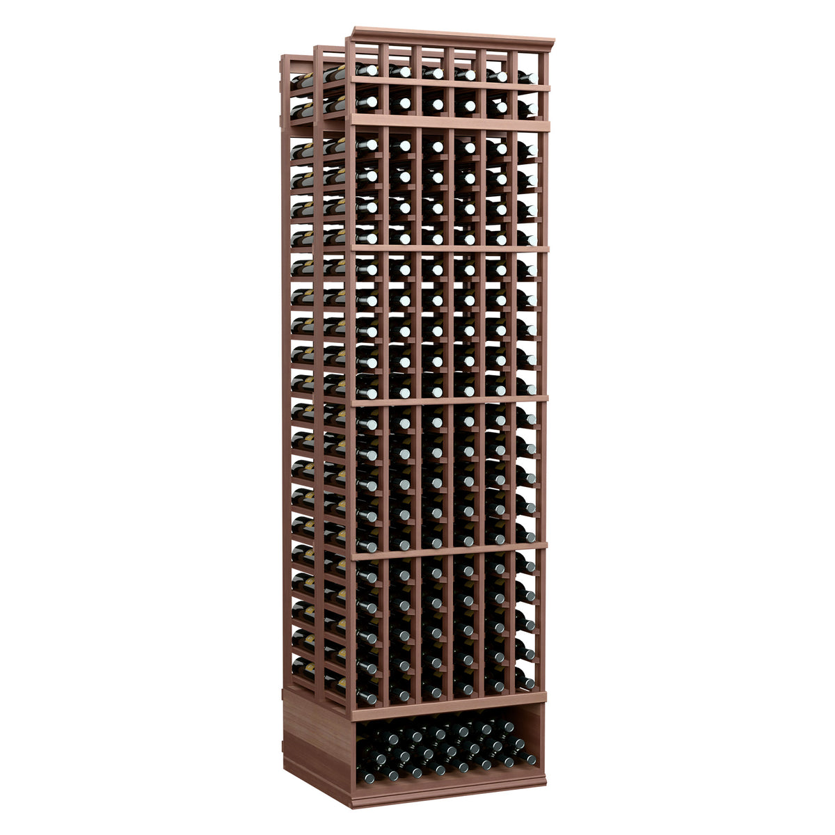 6-column double-deep wooden wine bottle rack with dark brown frame and black bottle rows