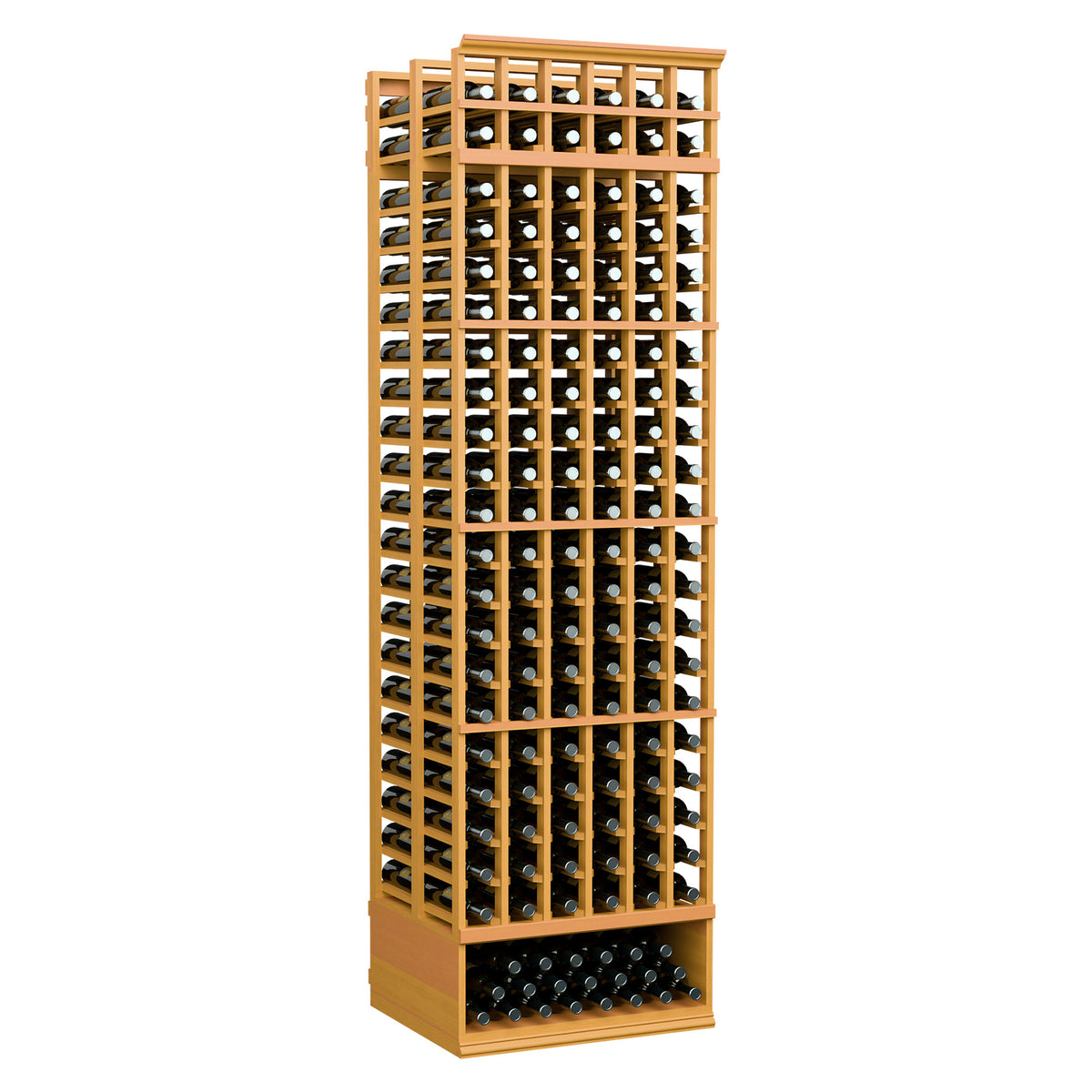 6-column double-deep wooden wine bottle rack with light yellow wood frame and dark bottle rows