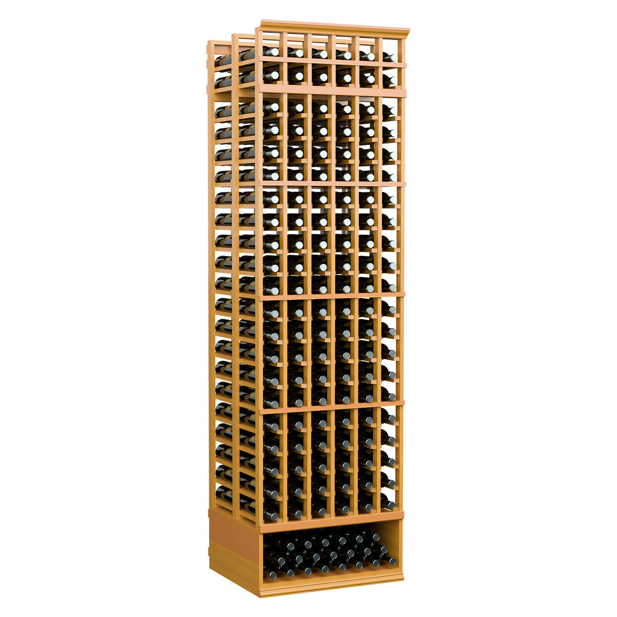 6-column double-deep wooden wine bottle rack with light yellow wood frame and bottle slot grid