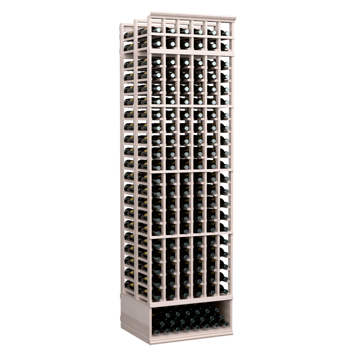 6-column double-deep wooden wine bottle rack with light gray-stained frame and bottle rows
