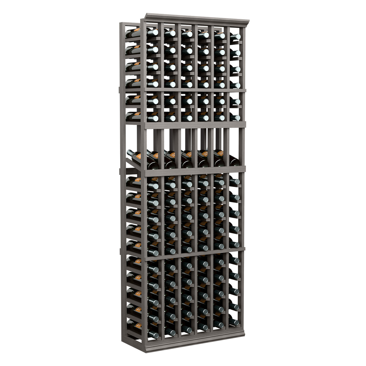 Dark wood 6-column wine bottle display rack with filled bottle holders