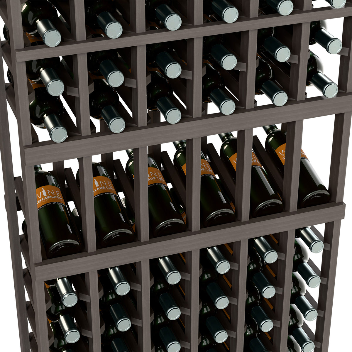 Brown wood wine bottle display rack with filled bottle slots and divider bars