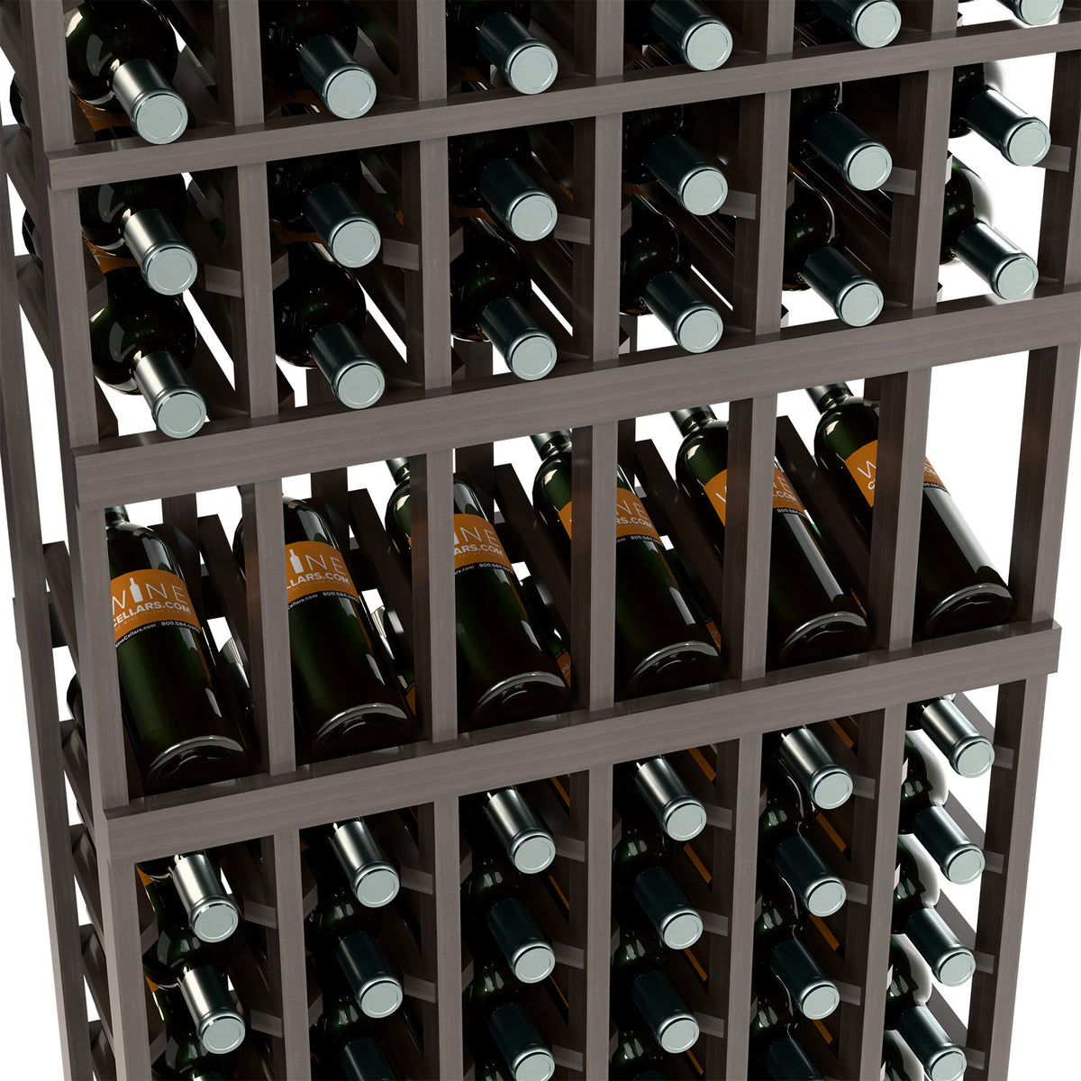 Brown wood wine bottle display rack with open slots, filled with bottles