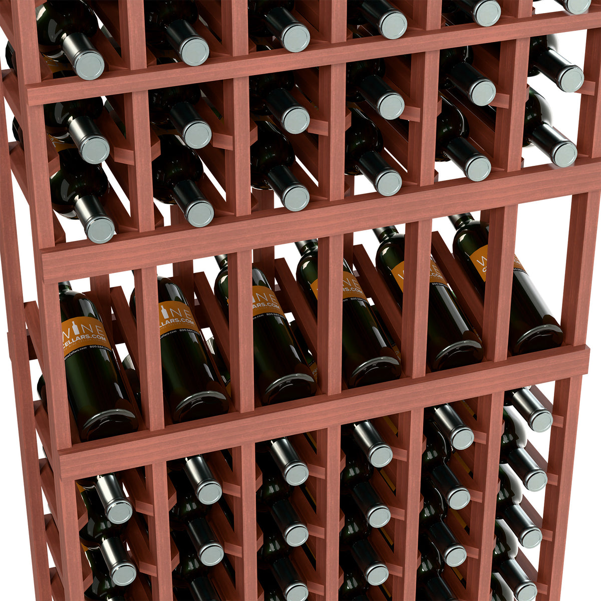 Red wood wine bottle display rack close-up with filled bottle rows and slots