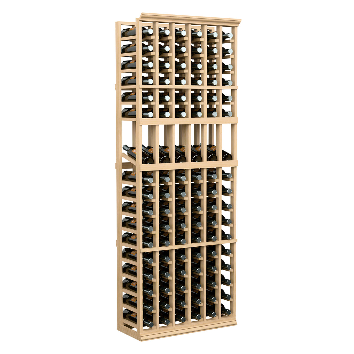 Light wood 6-column wine bottle display rack with filled bottle holders