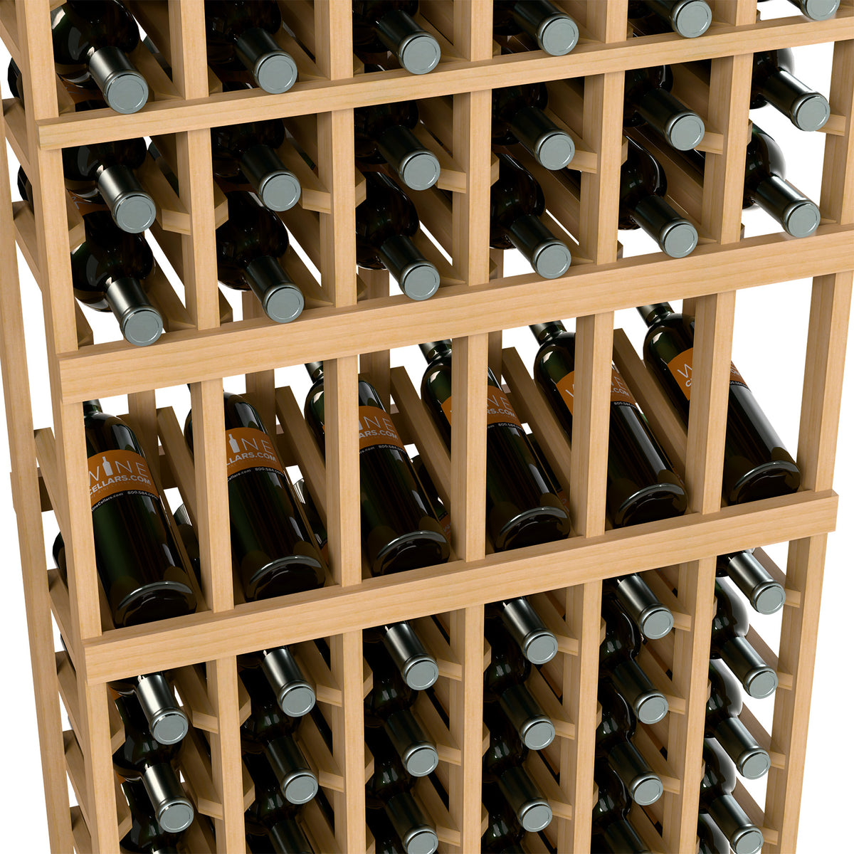 Wine bottle display rack with light wood frame, holding assorted dark wine bottles