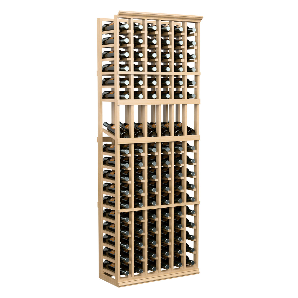 Wine bottle display rack with open front grid, storing multiple wine bottles in rows