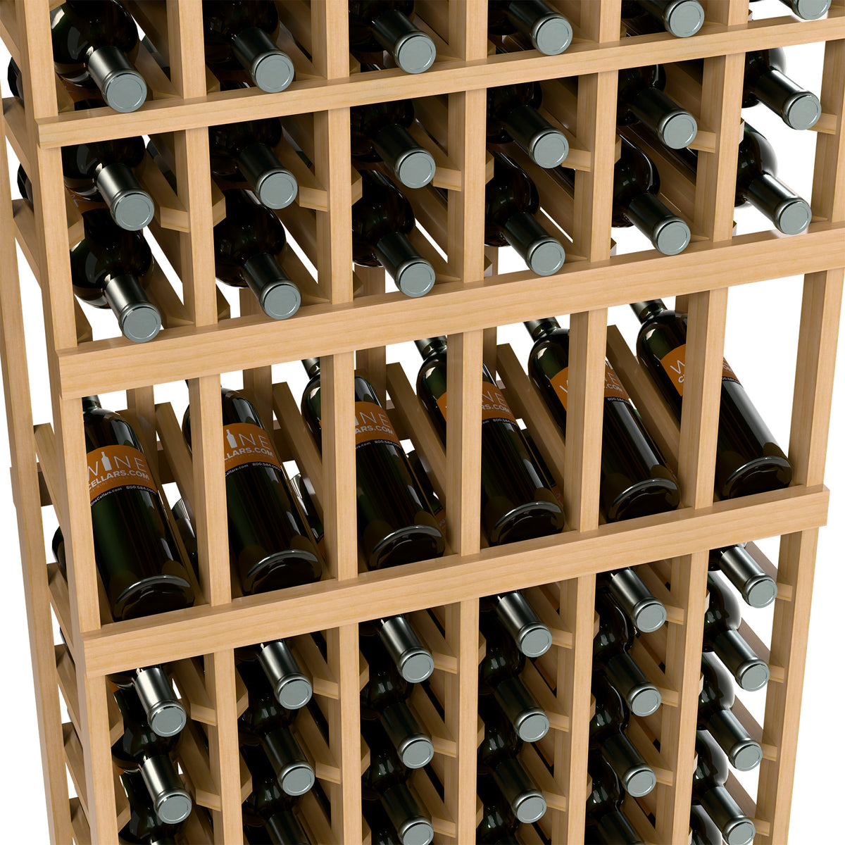 Wine bottle display rack detail: light wood slats holding dark wine bottles with gray caps