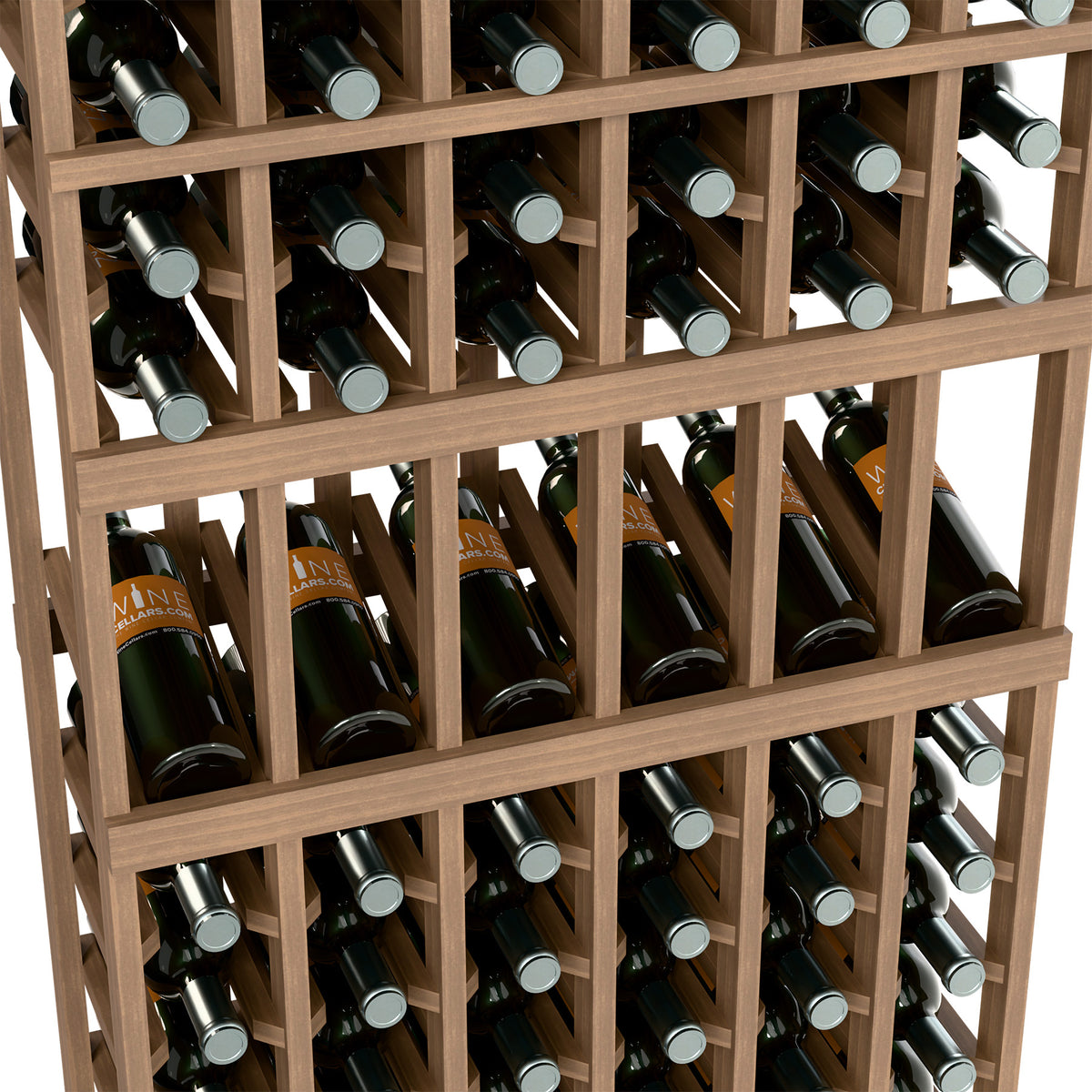 Wine bottle display rack close-up of light wood compartments filled with dark wine bottles