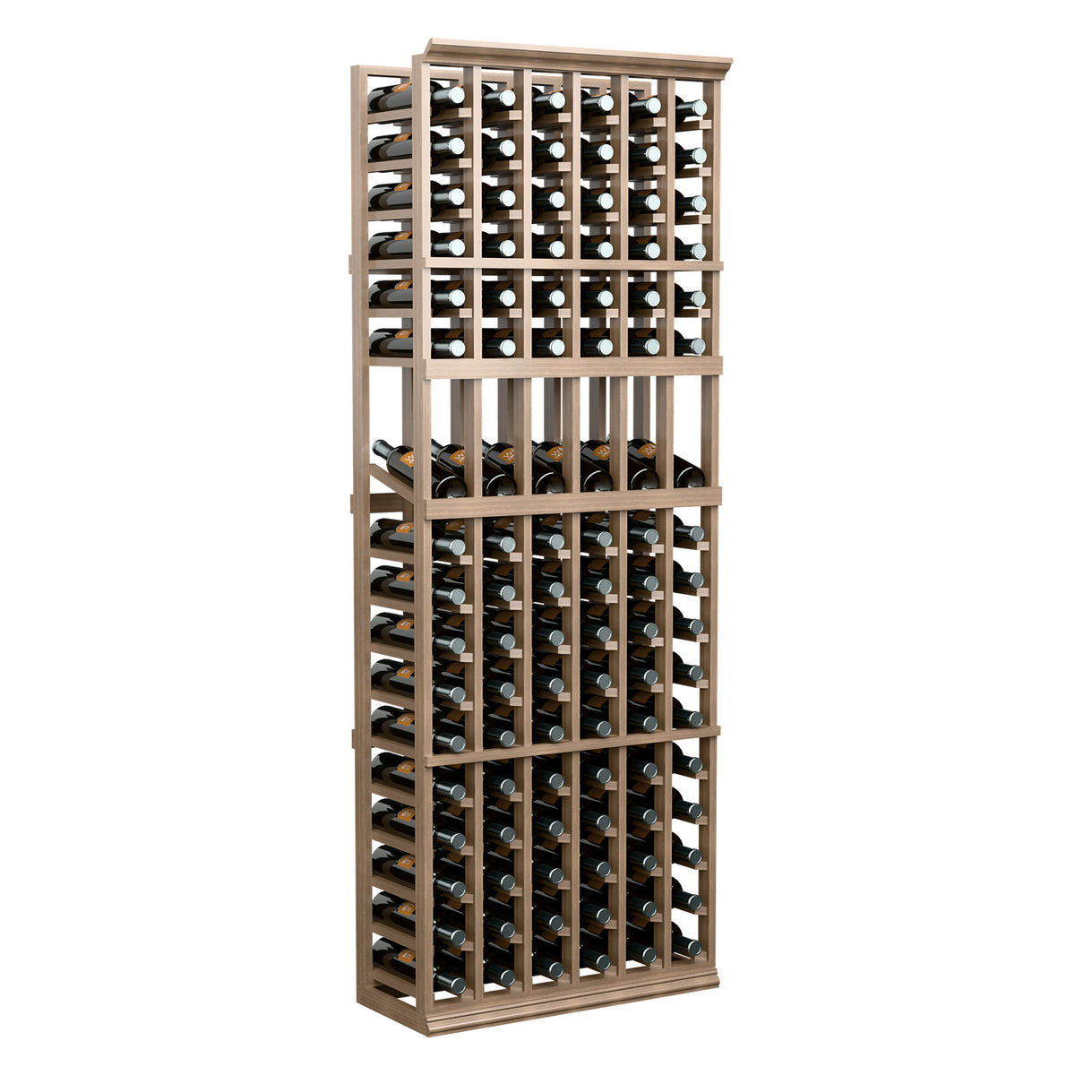 Wine bottle display rack front view with light wood structure and many bottles in rows