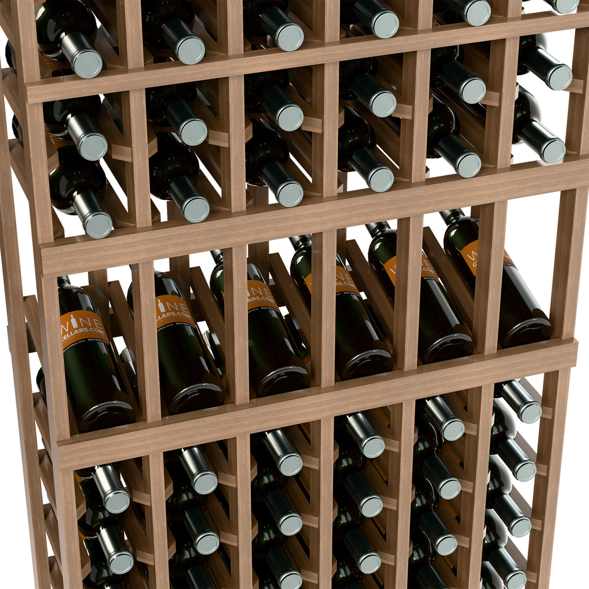 Wine bottle display rack close-up: light wood grid holding dark wine bottles