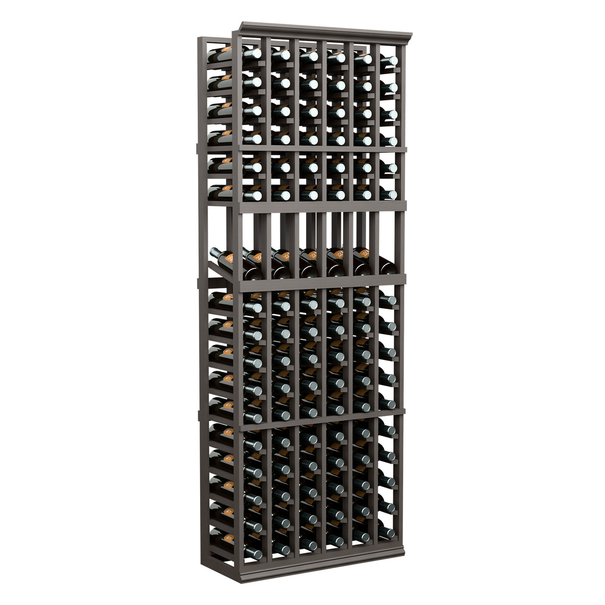 Wine bottle display rack front view with dark wood frame and rows of wine bottles