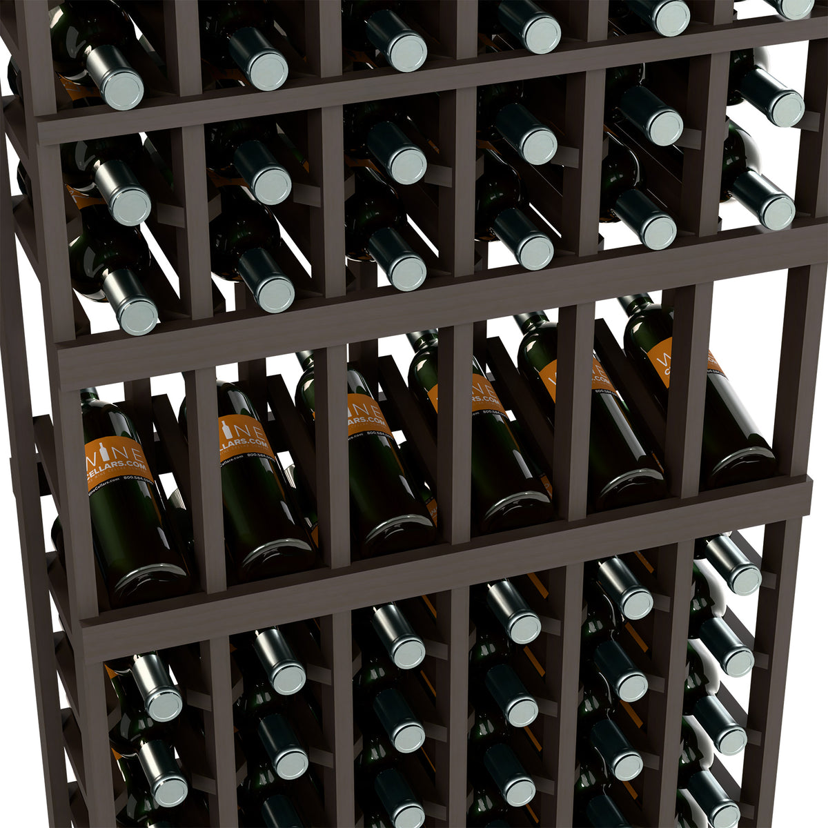 Wine bottle display rack detail: dark wood slats holding dark wine bottles with gray caps