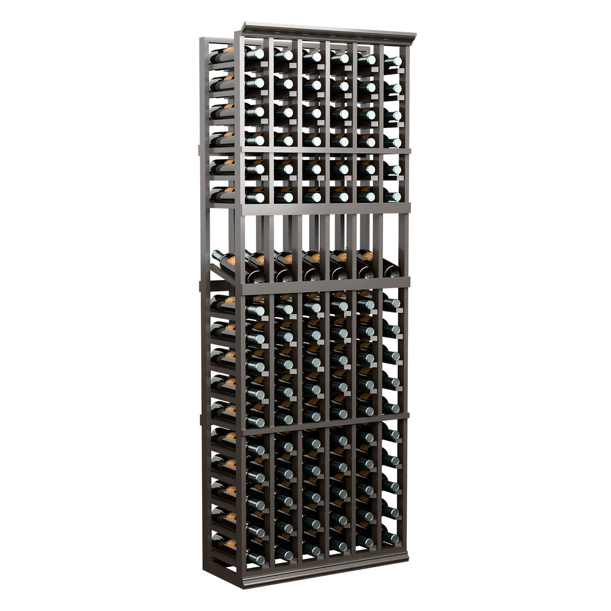 Wine bottle display rack front view with dark wood frame, storing many wine bottles