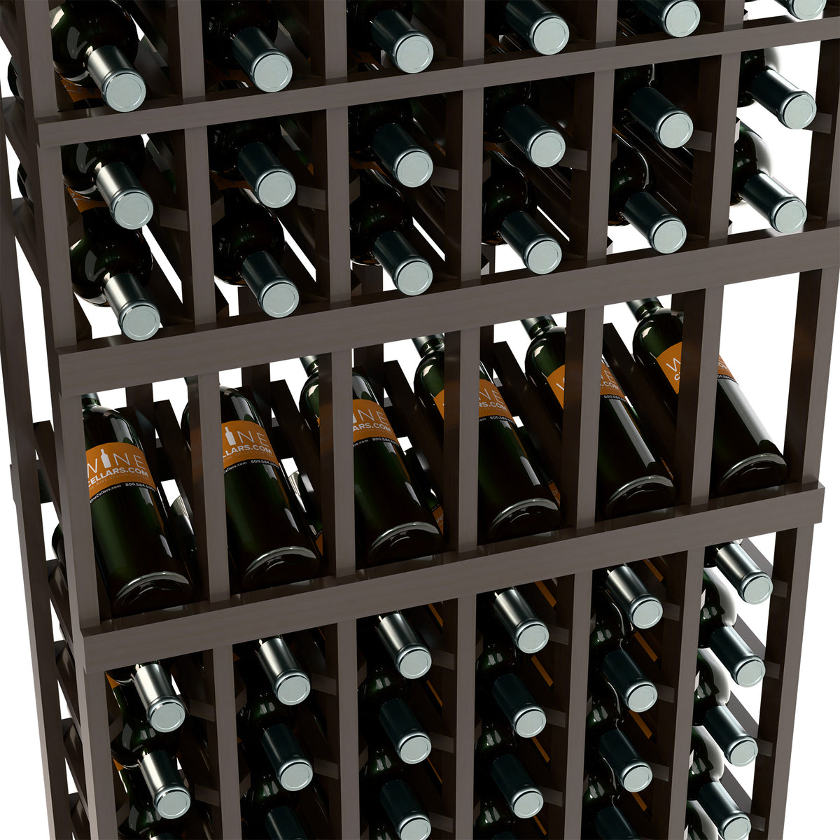 Dark wood wine bottle display rack with open grid compartments for bottles