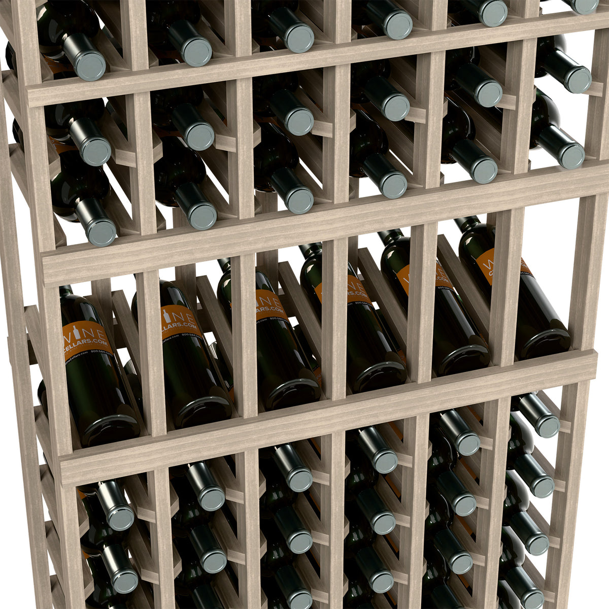 Light wood wine bottle display rack with square grid bottle compartments