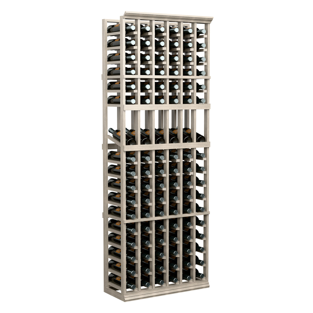 Tall light wood wine bottle display rack with multiple bottle storage rows