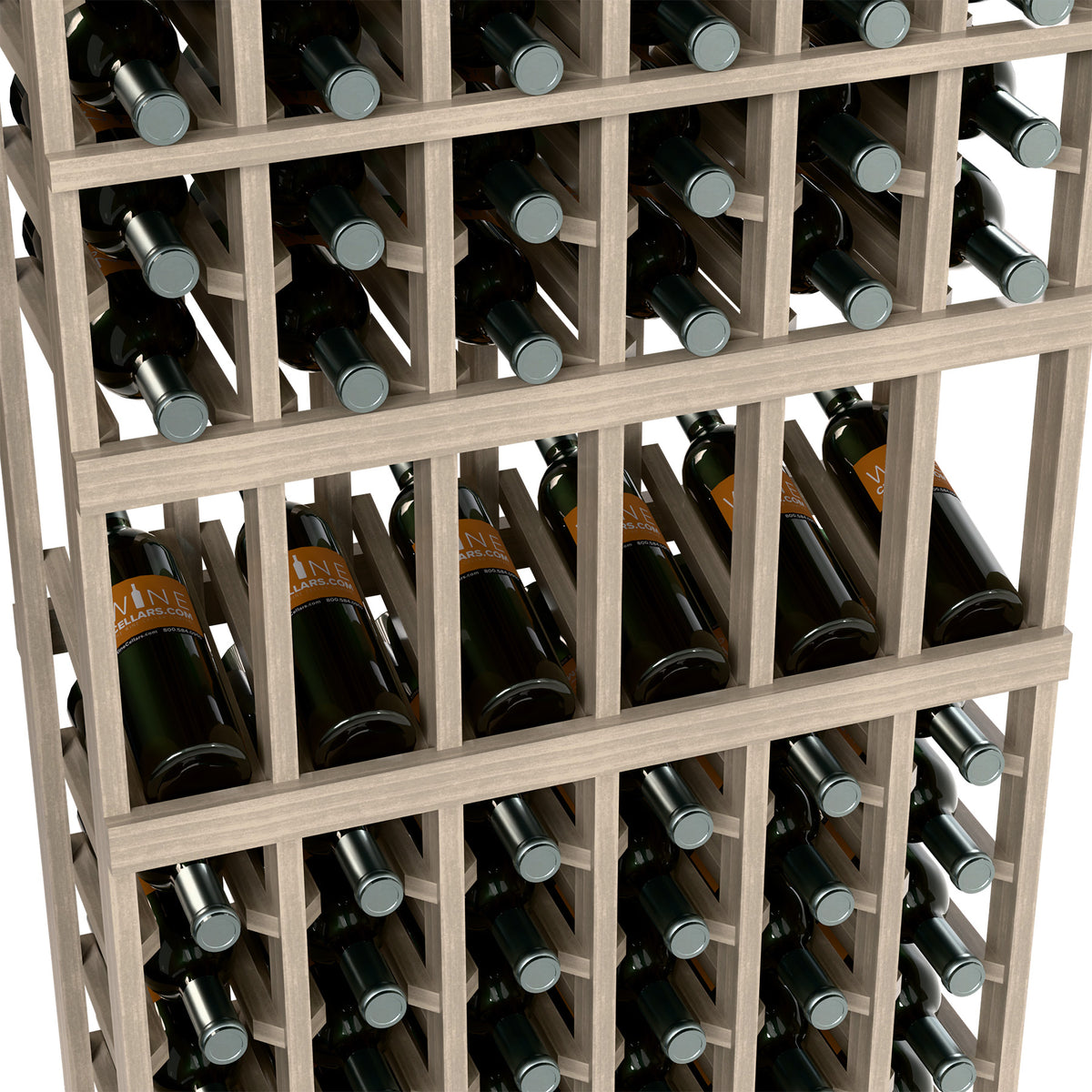 Light wood wine bottle display rack with open lattice holding wine bottles