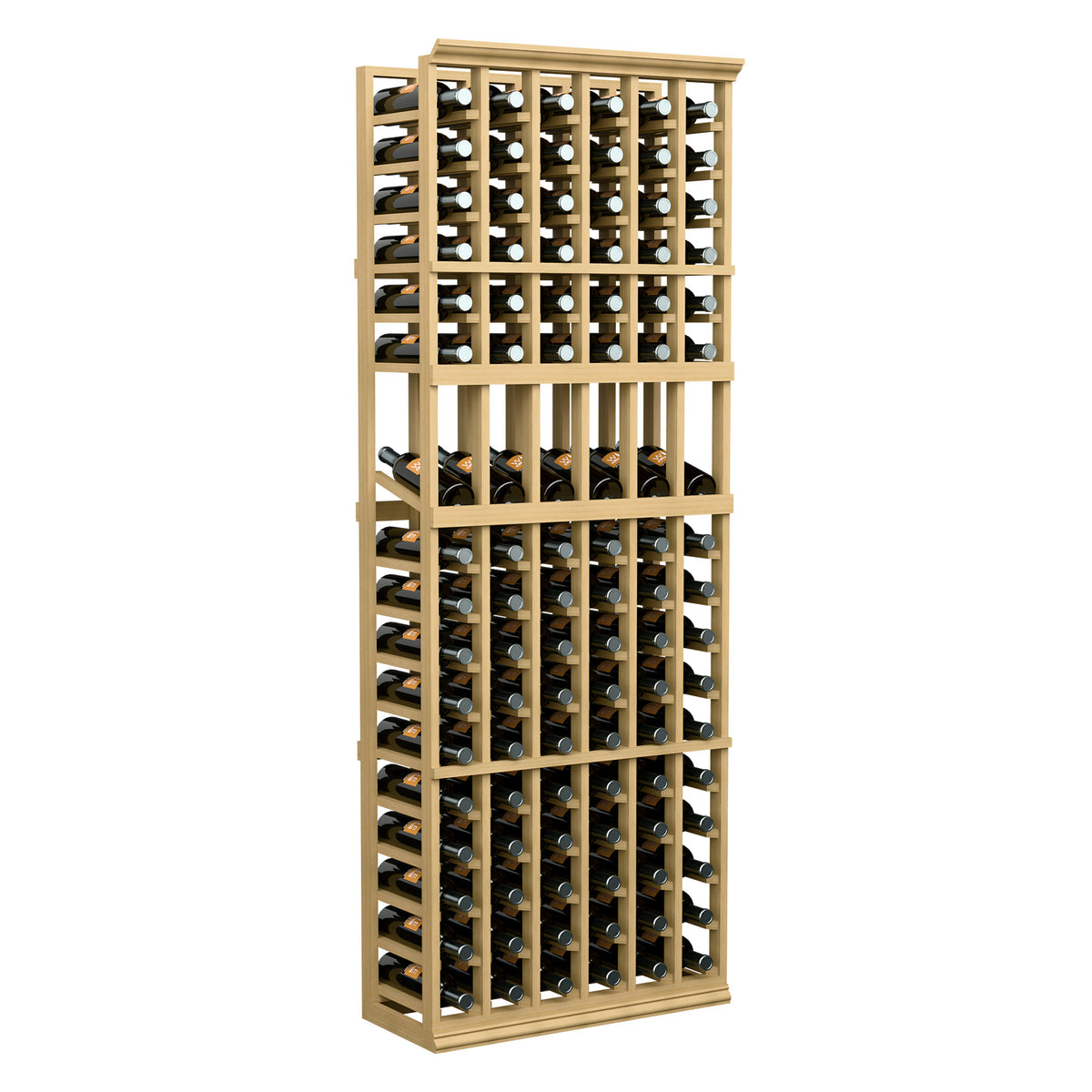 Natural wood wine bottle display rack with grid openings and bottle rows