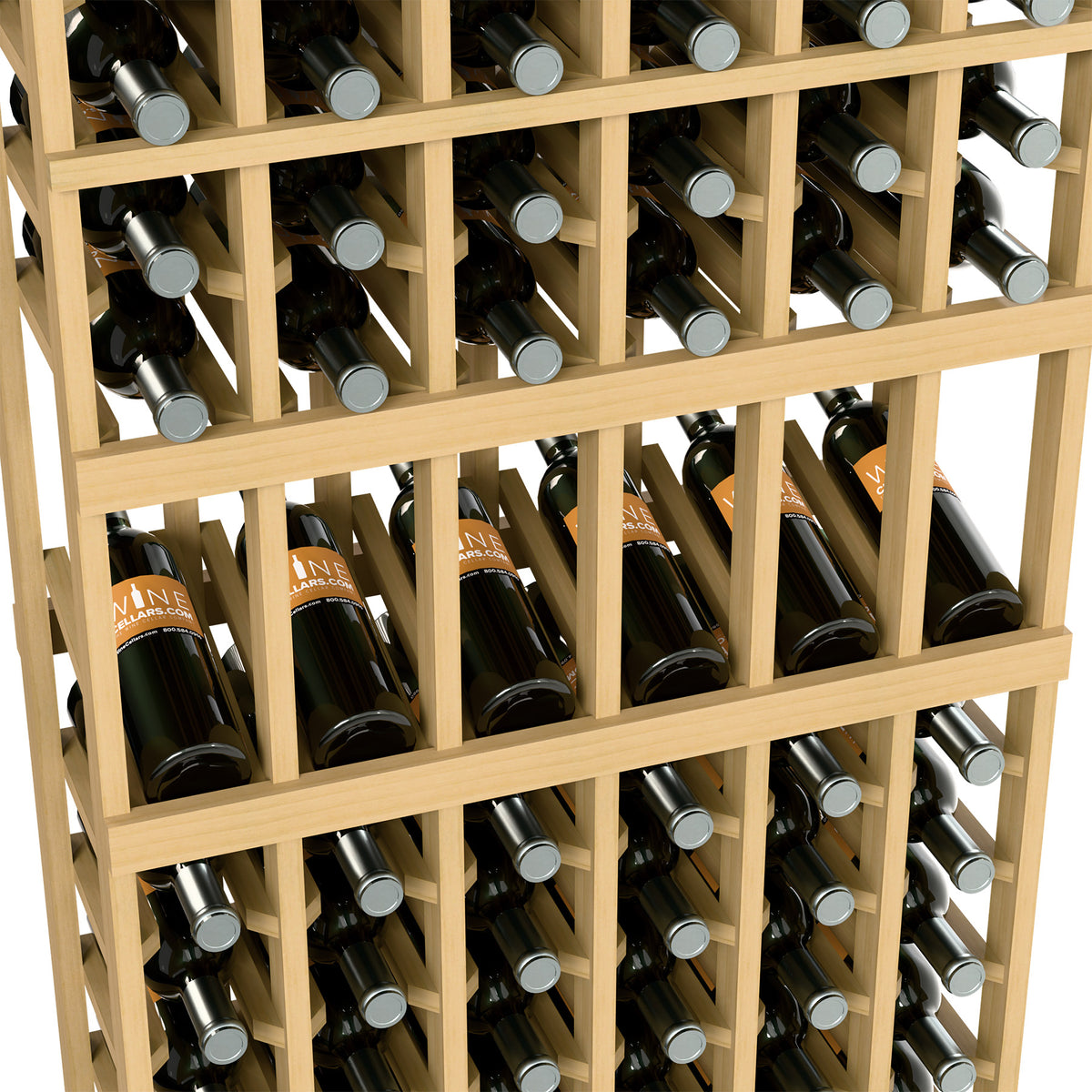 Pale wood wine bottle display rack showing bottle necks in square slots
