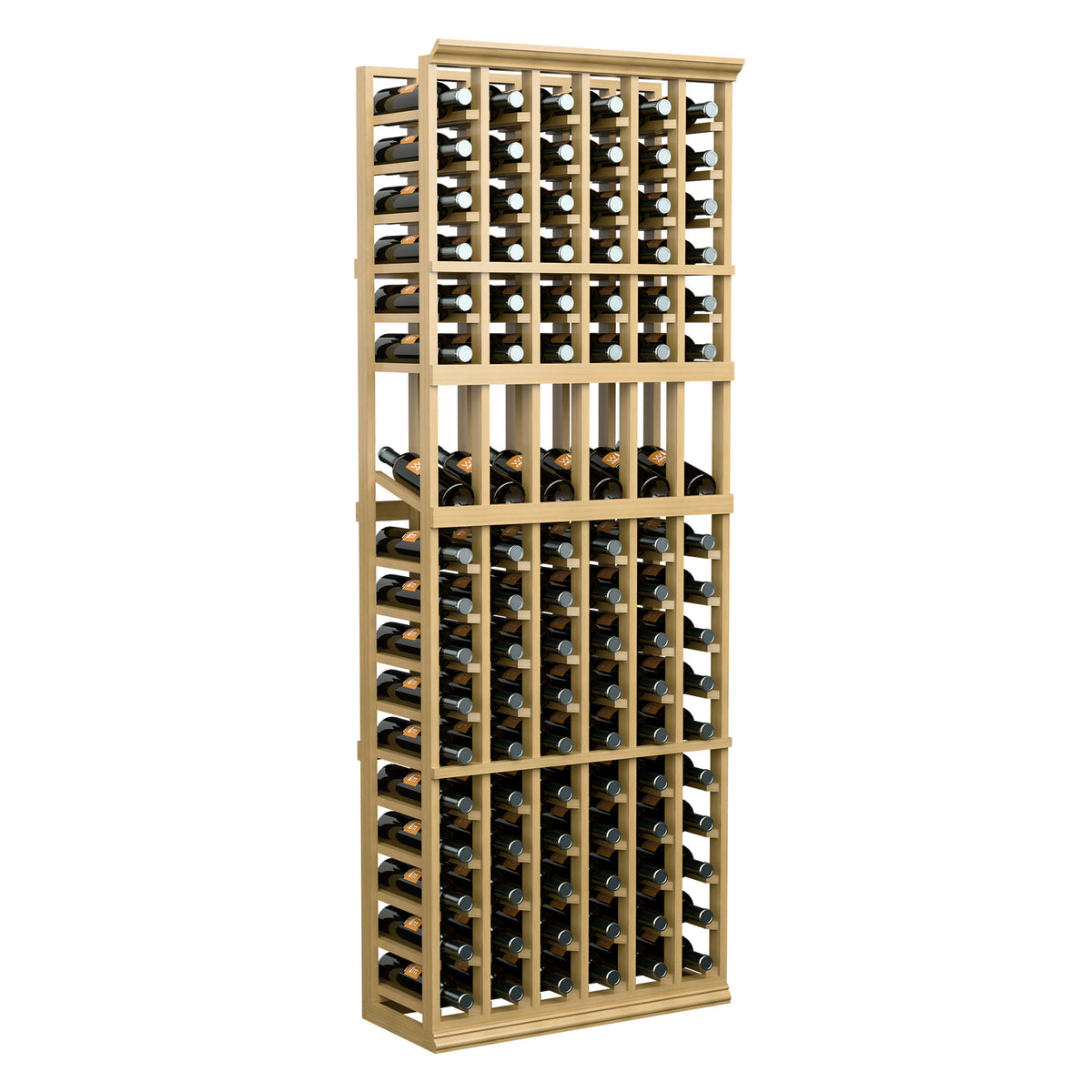 Light wood wine bottle display rack with stacked grid bottle compartments