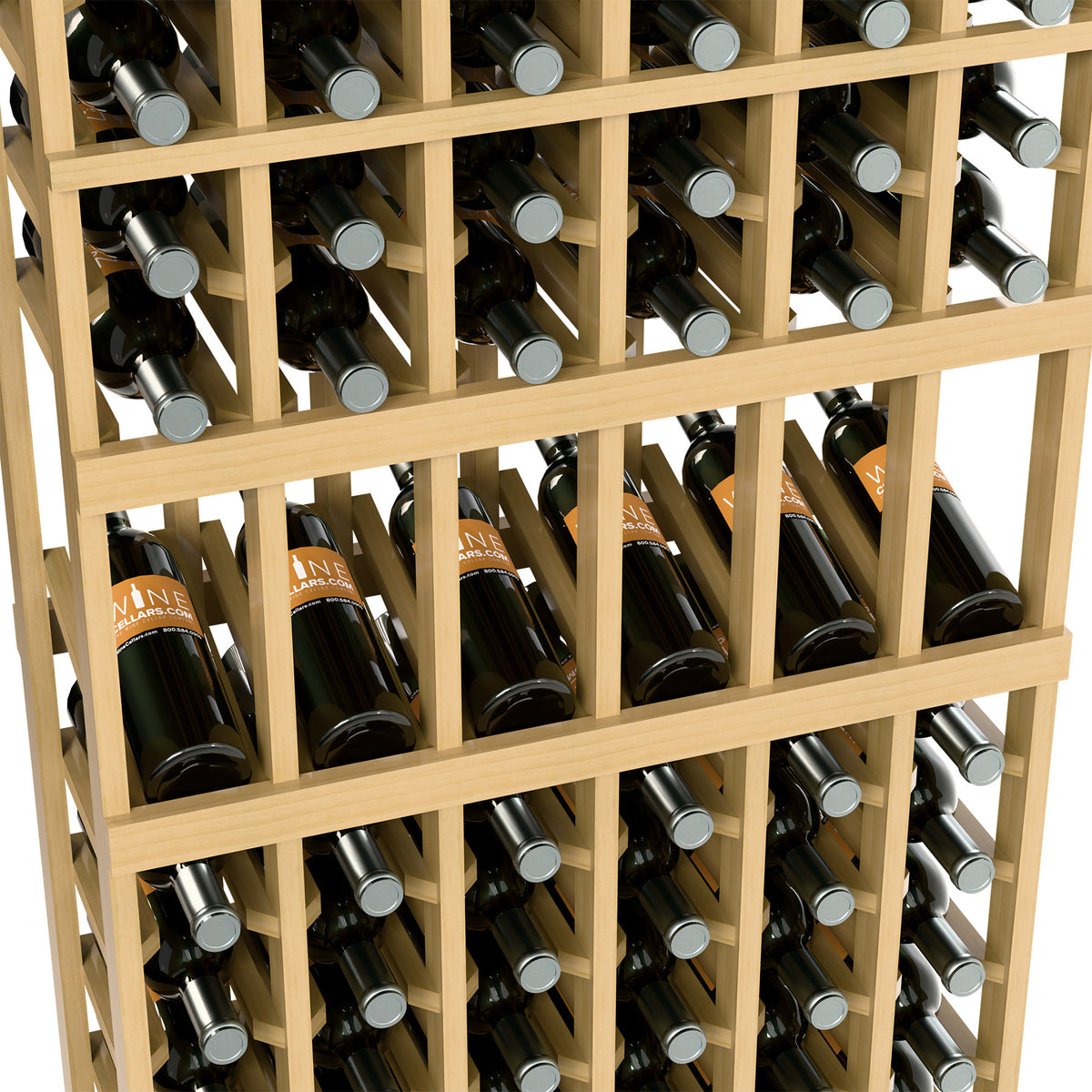 Light wood wine bottle display rack with open squares for bottle storage