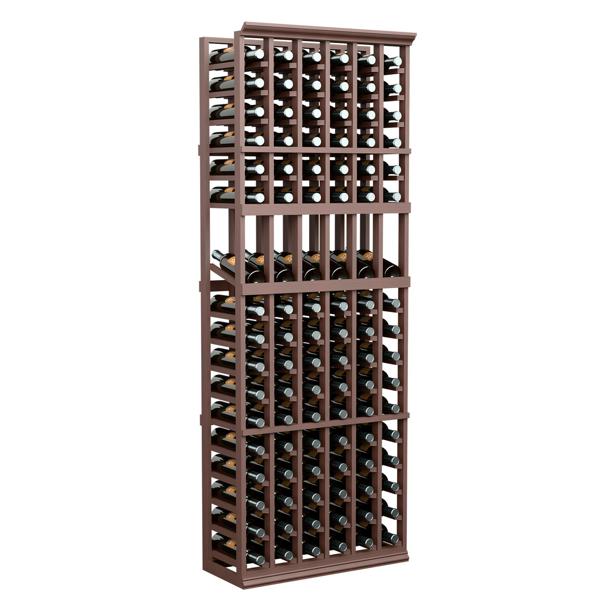 Dark brown wine bottle display rack with grid shelves for bottle storage