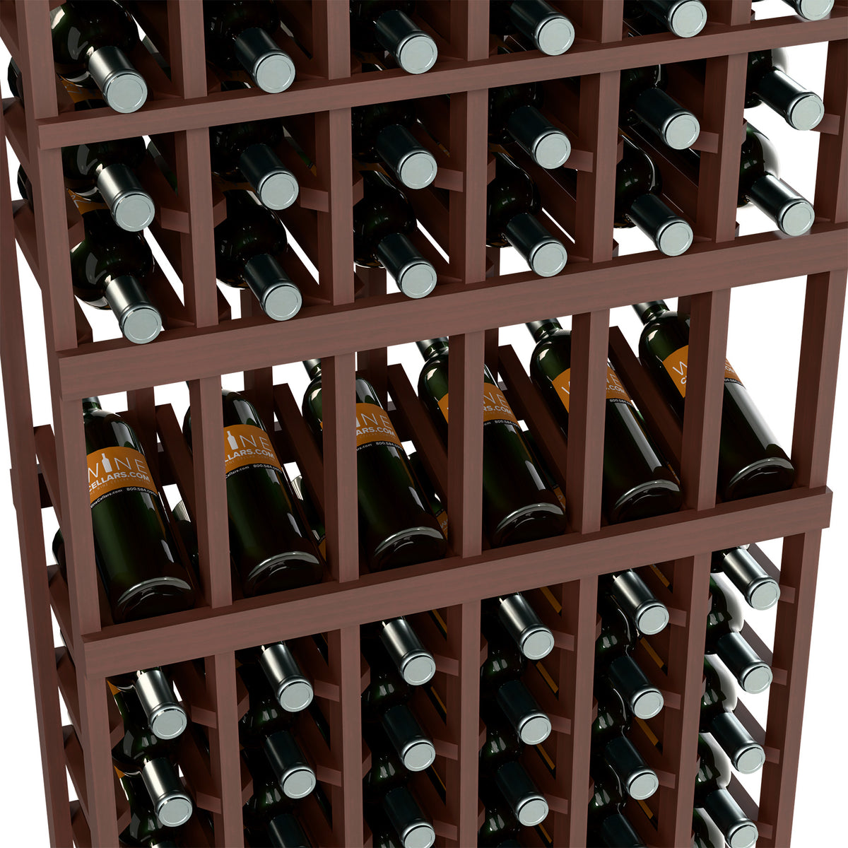 6-column wine bottle display rack with dark wood frame and bottle holders