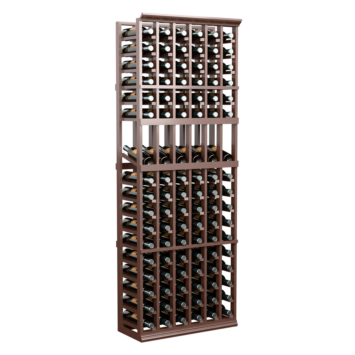 6-column wine bottle display rack with dark wood finish and multiple bottle rows