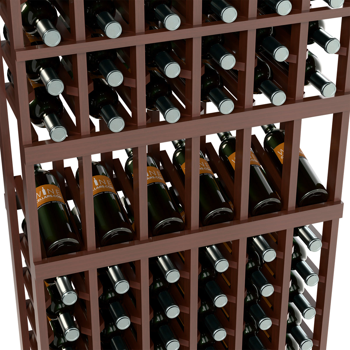 Brown wood 6-column wine bottle display rack with bottle cubbies, filled bottles