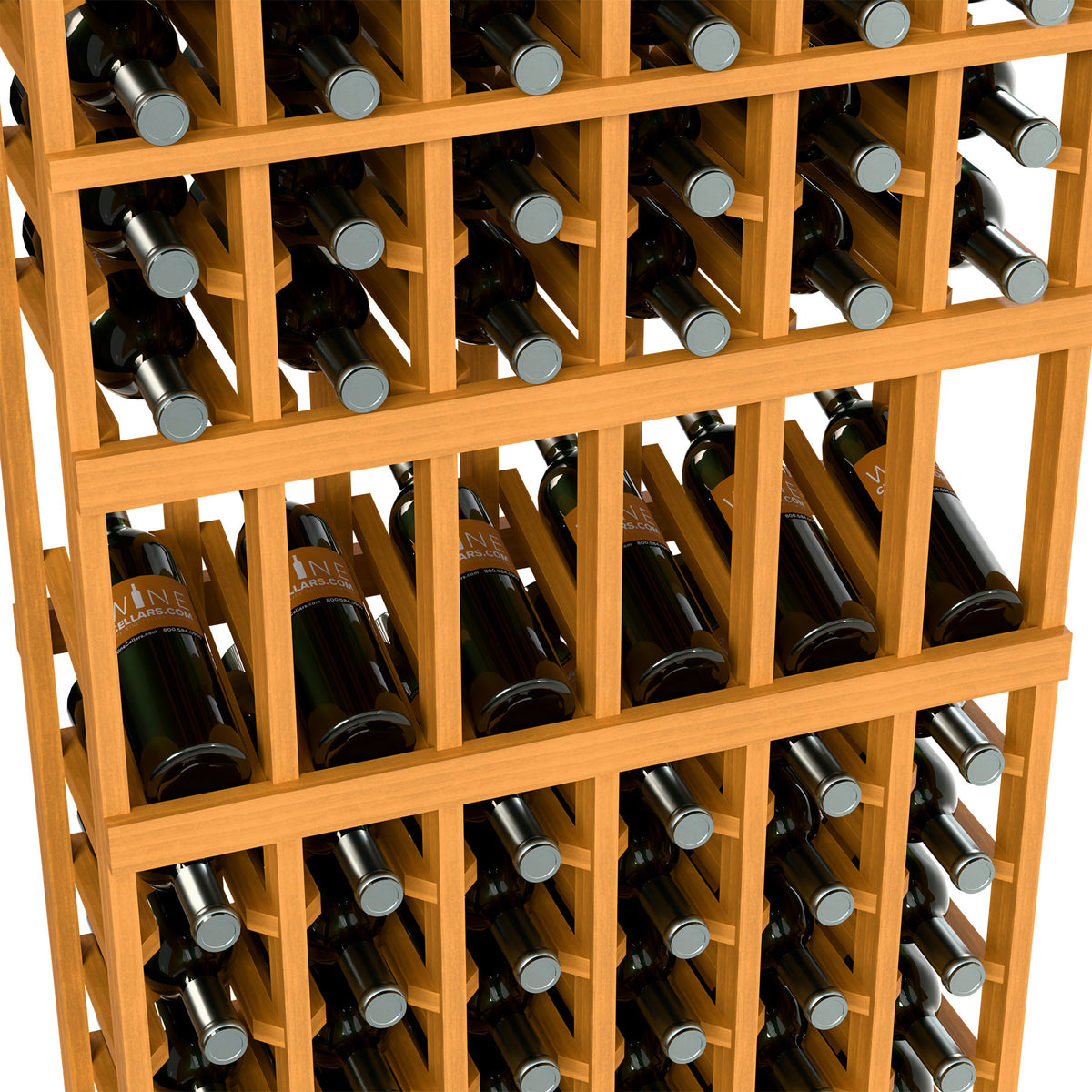 6-column wine bottle display rack with light wood frame and wine bottle slots