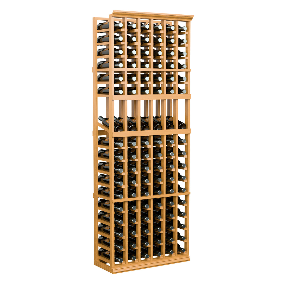 6-column wine bottle display rack with light wood frame and organized bottle storage
