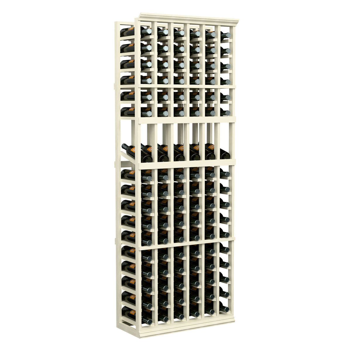 6-column wine bottle display rack with white frame and multiple bottle rows