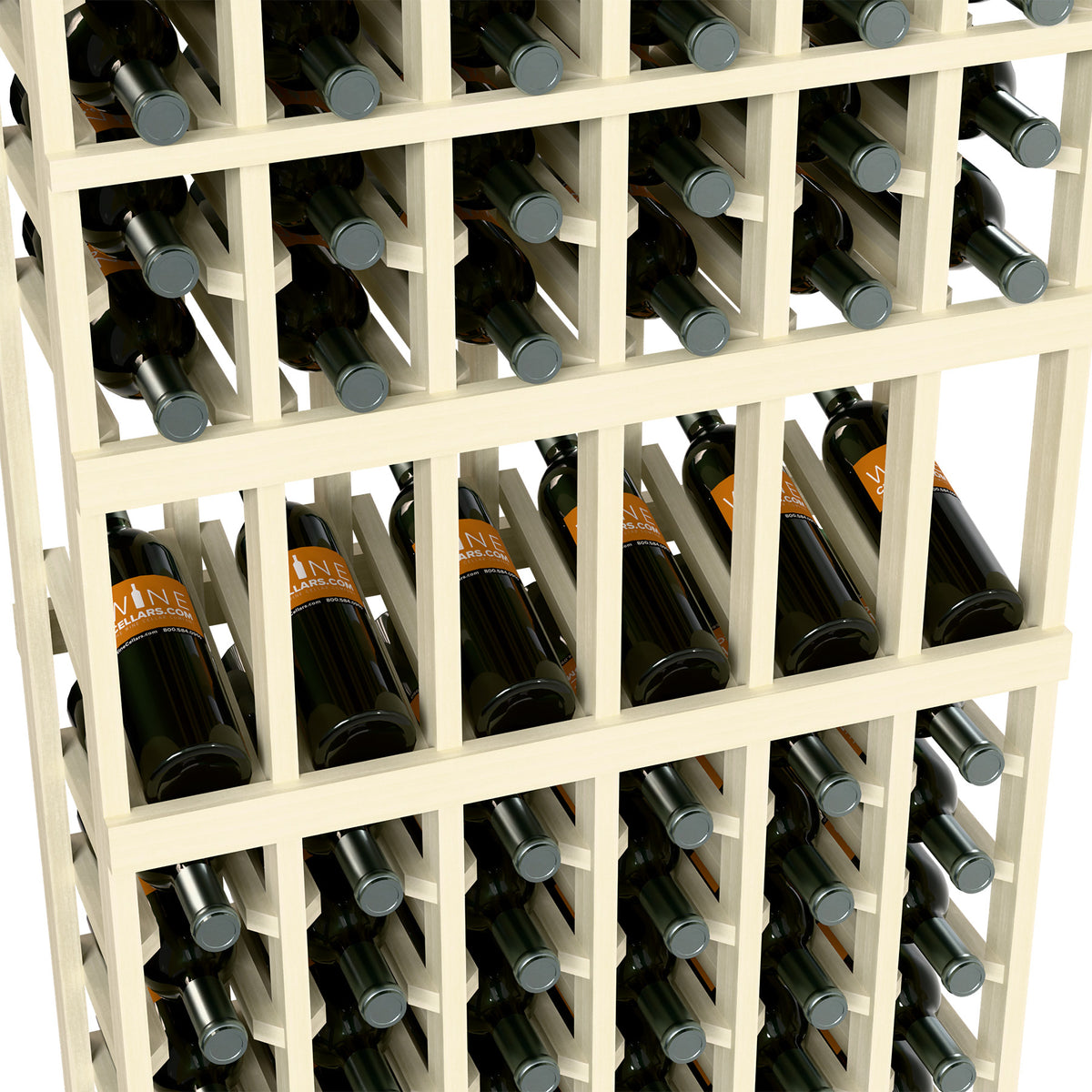 Close-up of 6-column wine bottle display rack with white frame and bottle slots