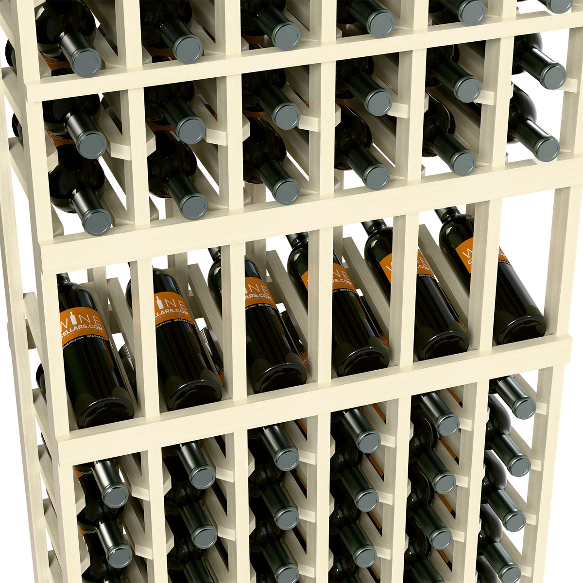 Close-up of 6-column wine bottle display rack with white frame and wine bottles