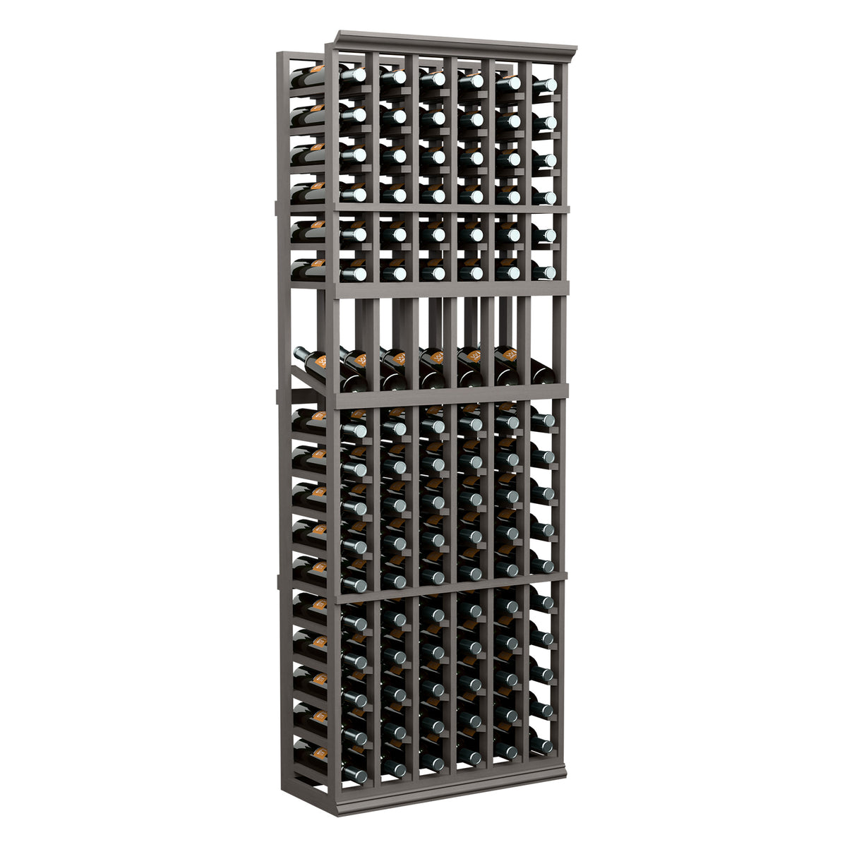 6-column wine bottle display rack, dark wood frame with rows of bottles