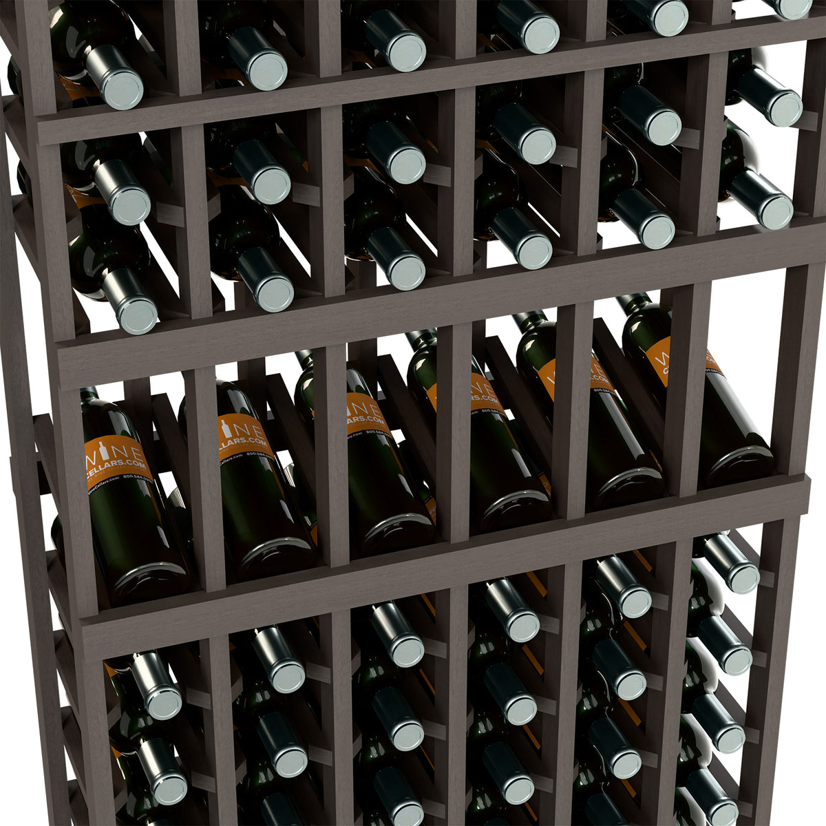 Close-up of dark wine bottle rack with bottles stored in square bottle slots
