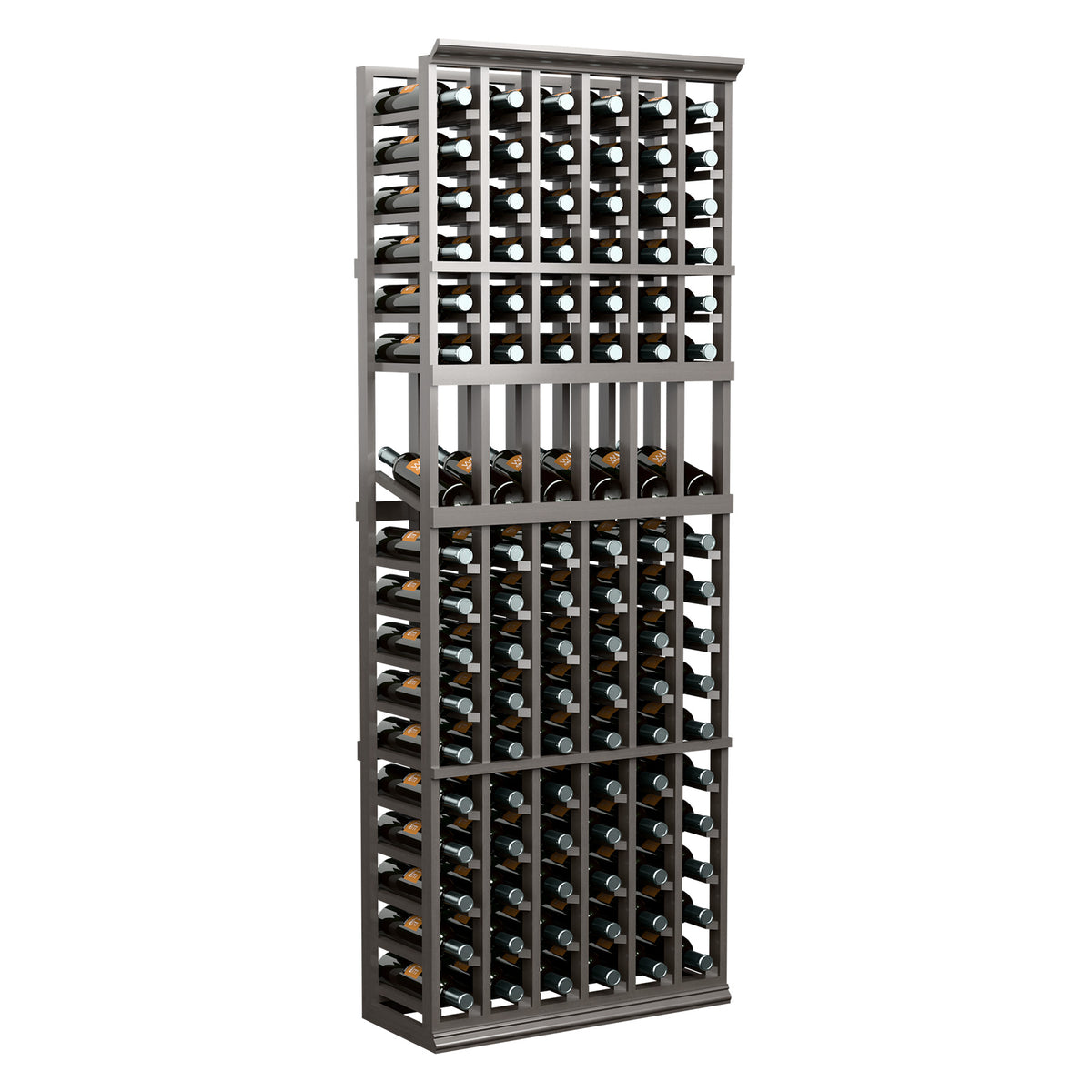 Wine bottle display rack with dark wood frame and six columns of bottles