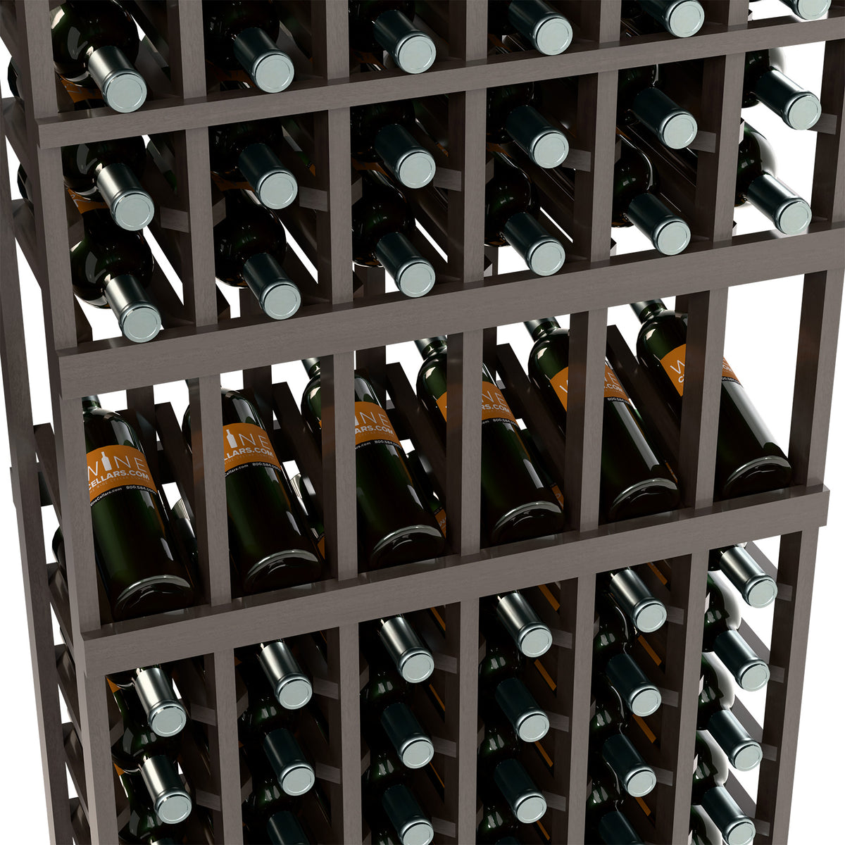 Close-up of dark wooden wine rack holding bottles across multiple rows