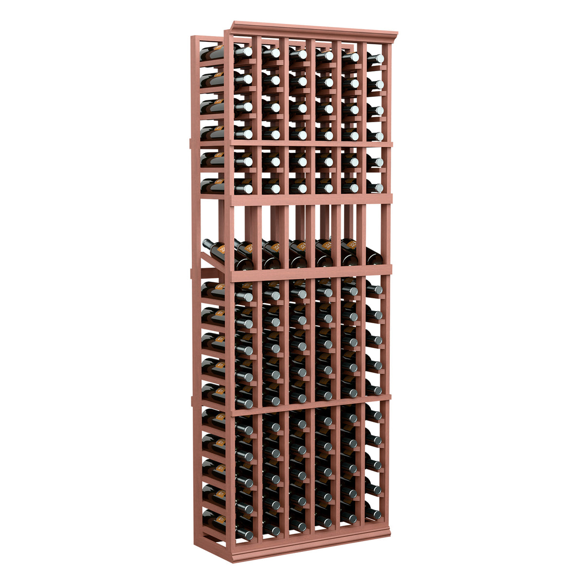 6-column wine bottle display rack, reddish-brown wood frame with bottles