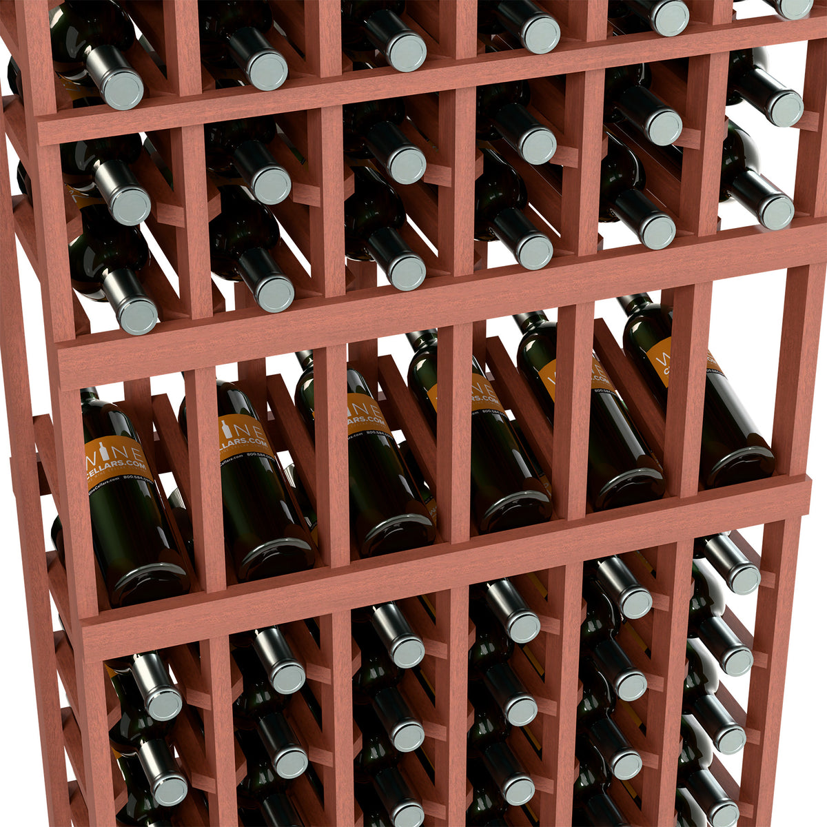 Close-up of reddish-brown wine bottle rack with bottles in compartment slots