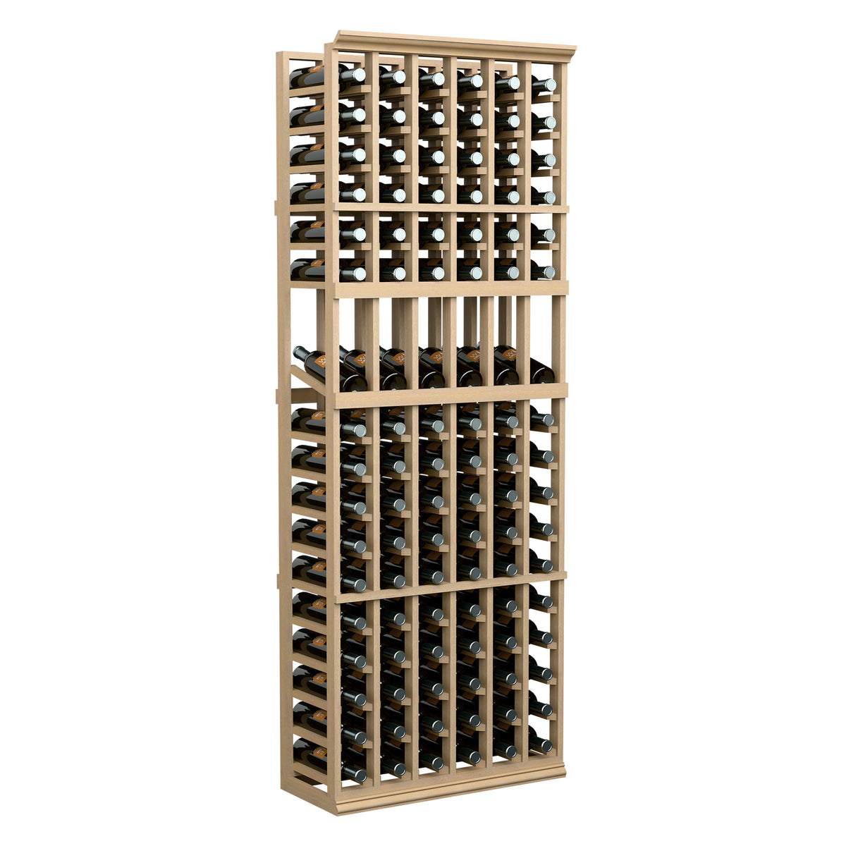 6-column wine bottle display rack, light wood frame with rows of bottles