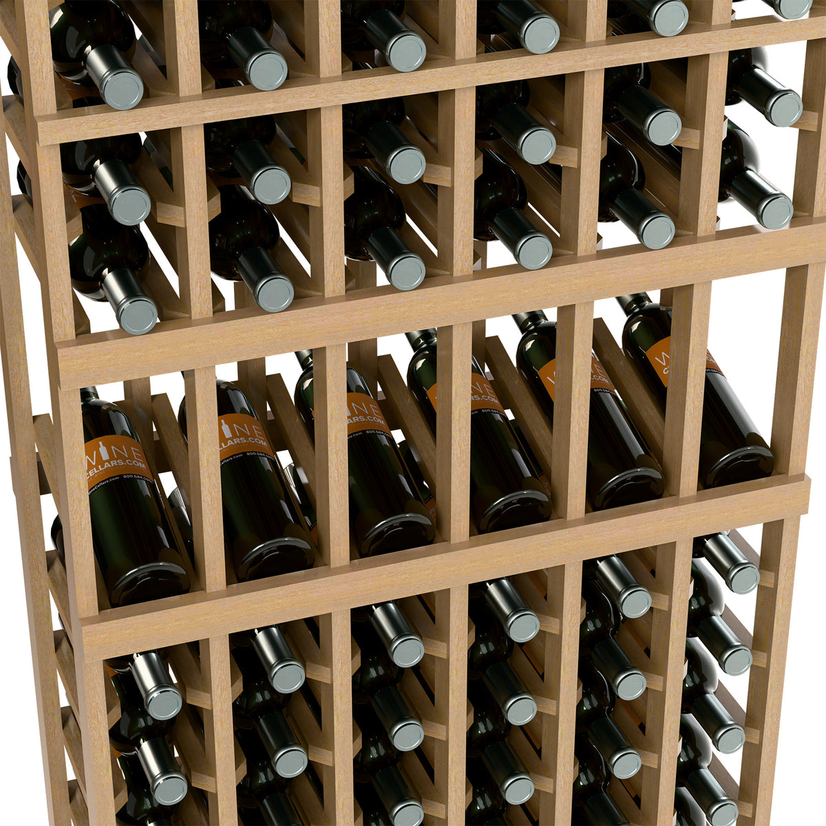 Close-up of wine bottle display rack showing rows of bottles in wooden 6-column frame