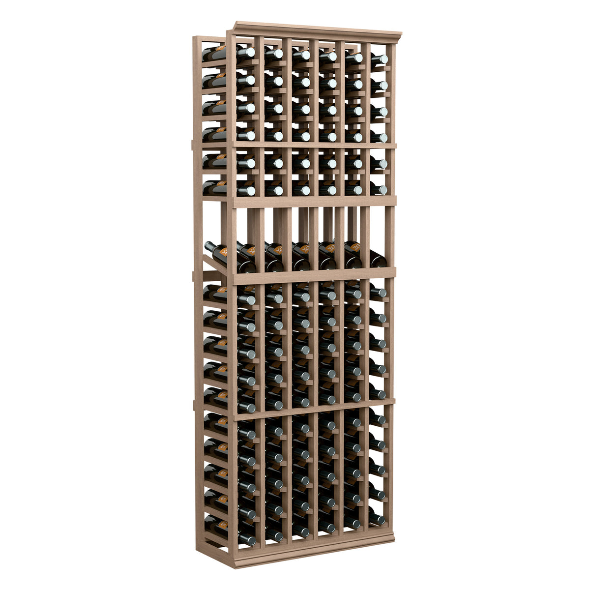 6-column wine bottle display rack with light wood frame and bottle slots throughout