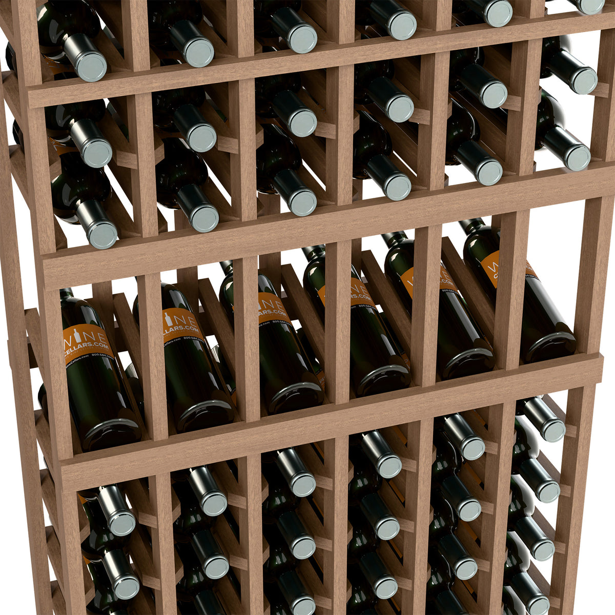 Close-up of wine bottle rack with bottle necks and labels visible in light wood cells