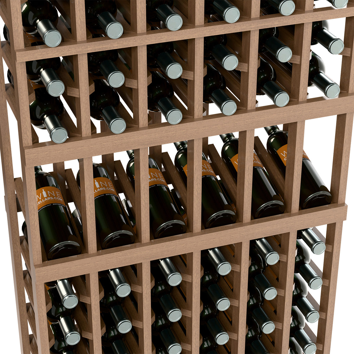 Close-up of wine bottle rack with multiple bottles seated in light wood cubbies