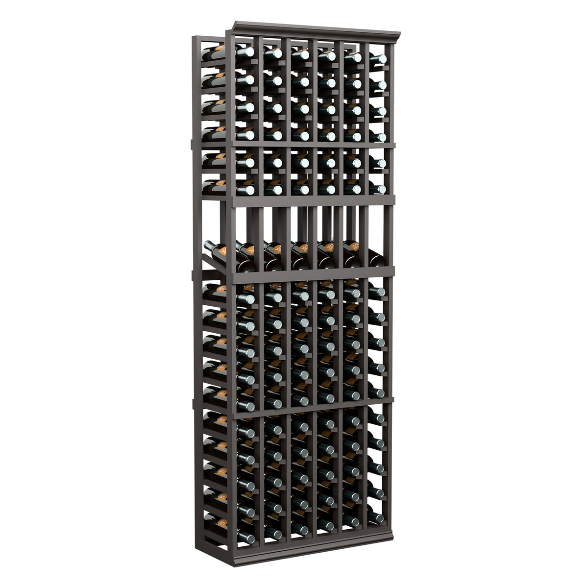 6-column wine bottle display rack with dark frame and bottle slots across the grid