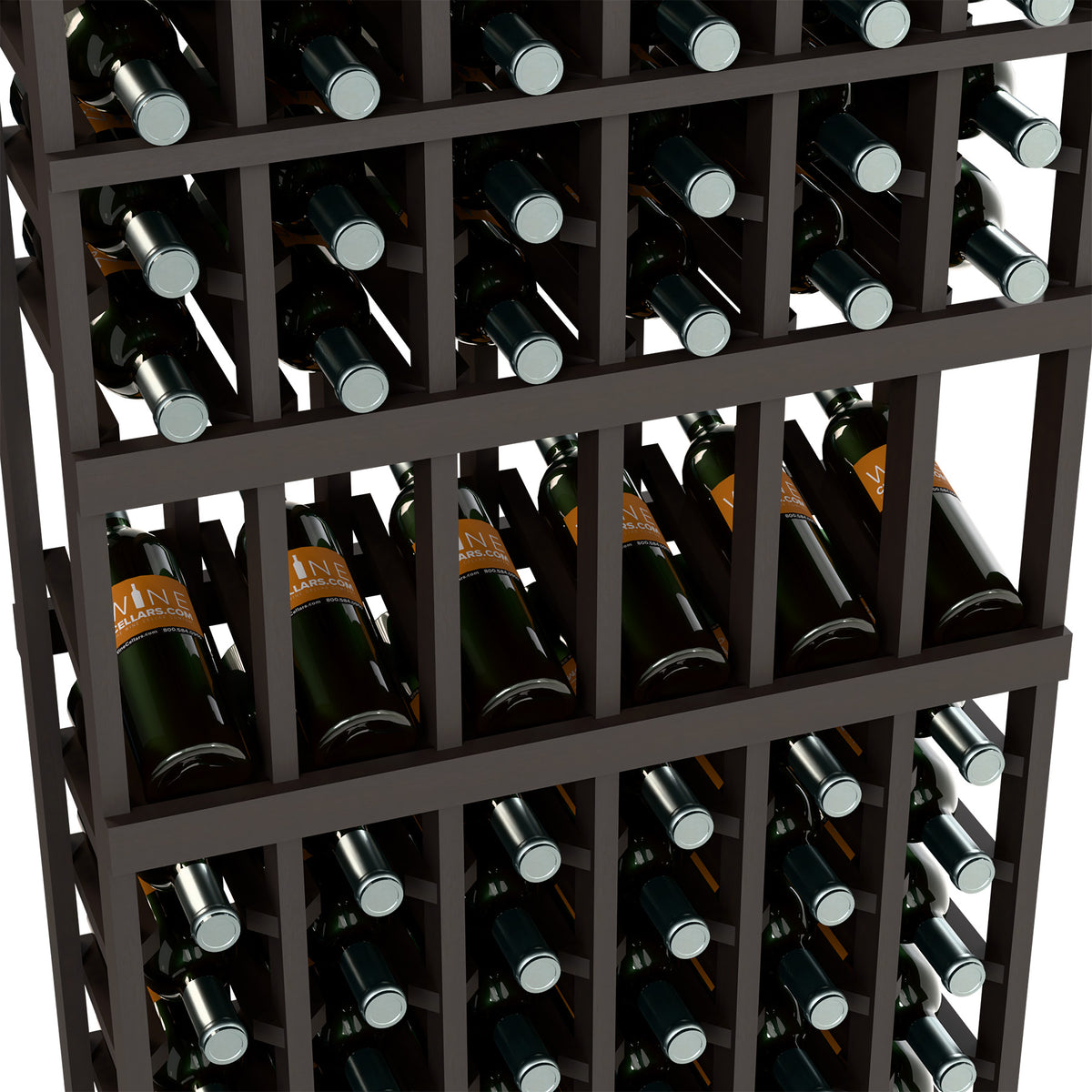 Close-up of wine bottle display rack with bottles in dark wood 6-column grid
