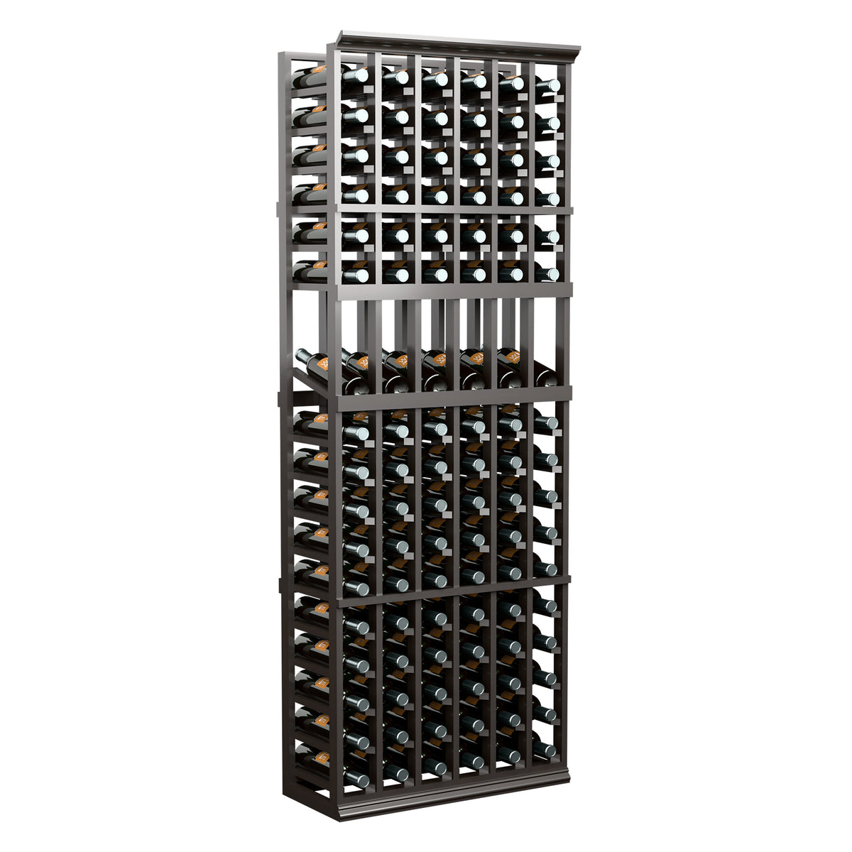 6-column wine bottle display rack with dark frame and stacked rows of bottles