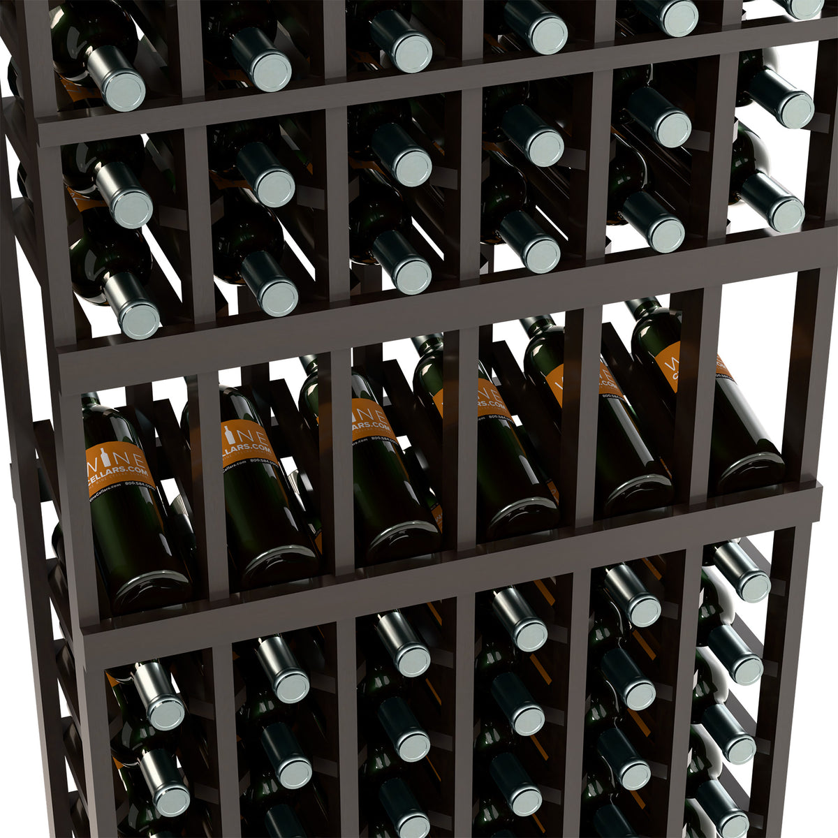 Close-up of wine bottle rack showing bottle necks and labels in dark 6-column frame